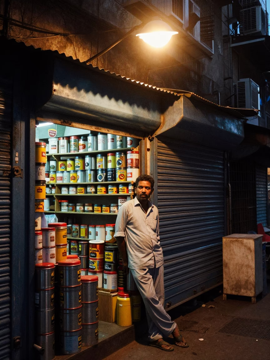 Shopkeeper after dark in Mumbai in in Mumbai, India