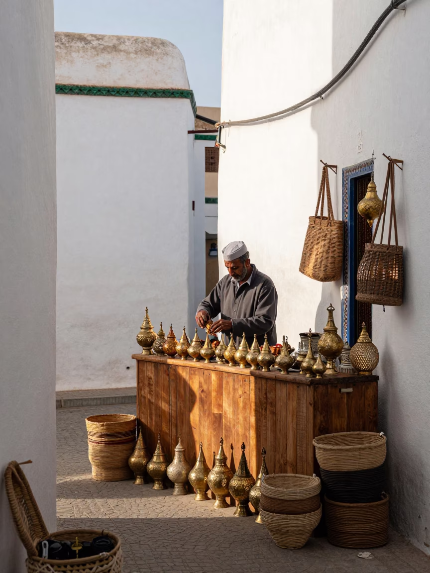 Shopkeeper arranging goods in Essaouira Morocco late morning light in in Essaouira, Morocco