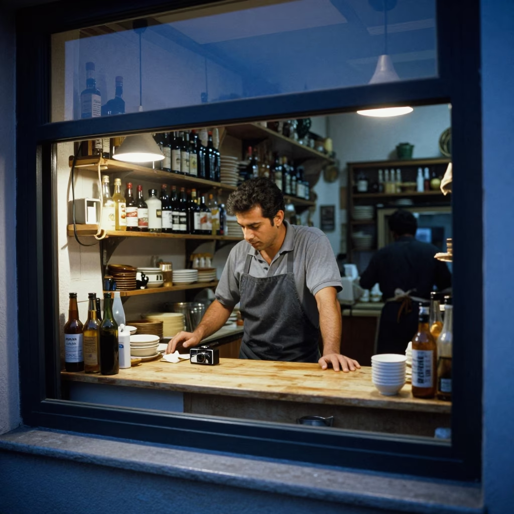 Shopkeeper at Blue Hour in in Granada, Spain