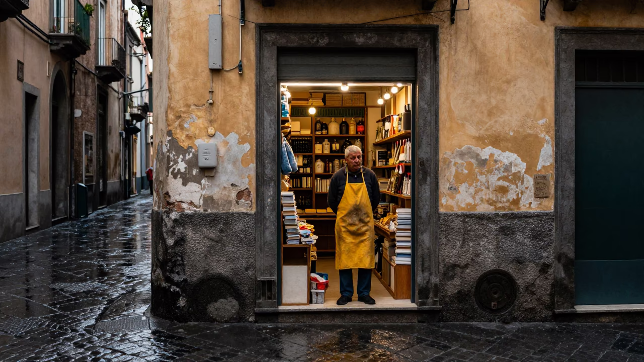 Shopkeeper at First Light in Naples in in Naples, Italy