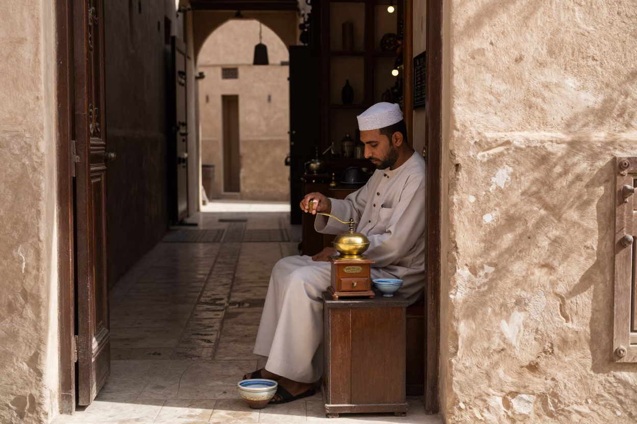 Shopkeeper at Flat Noon Light in Muscat in in Muscat, Oman