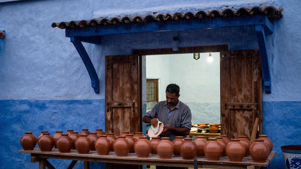 Shopkeeper Drying Rain-Slicked Pottery in Essaouira Dusk in in Essaouira, Morocco