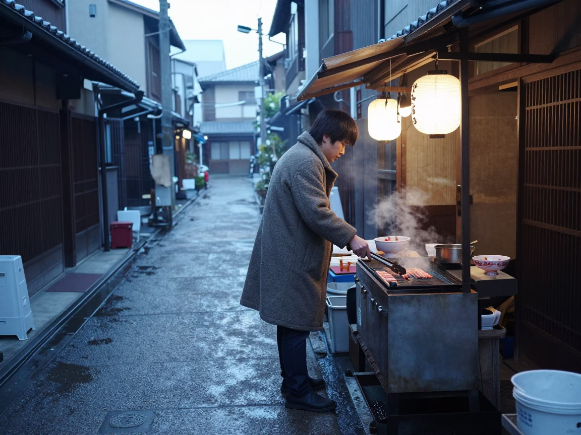 Shopkeeper Grilling in Tokyo in in Tokyo, Japan
