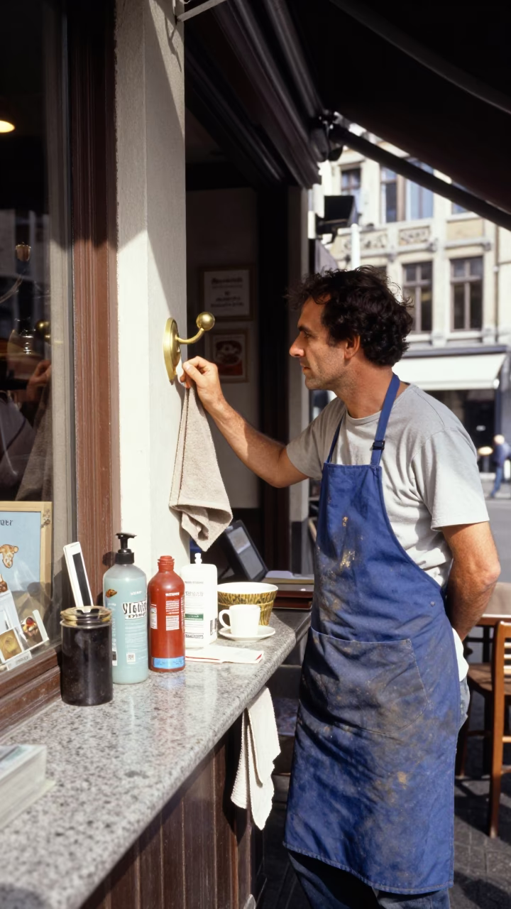 Shopkeeper in Brussels at Flat Noon Light in in Brussels, Belgium
