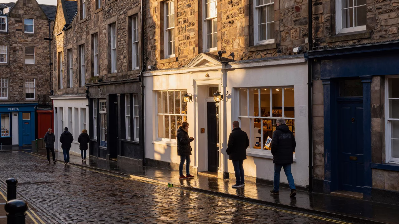 Shopkeeper in Edinburgh at Golden Hour in in Edinburgh, United Kingdom
