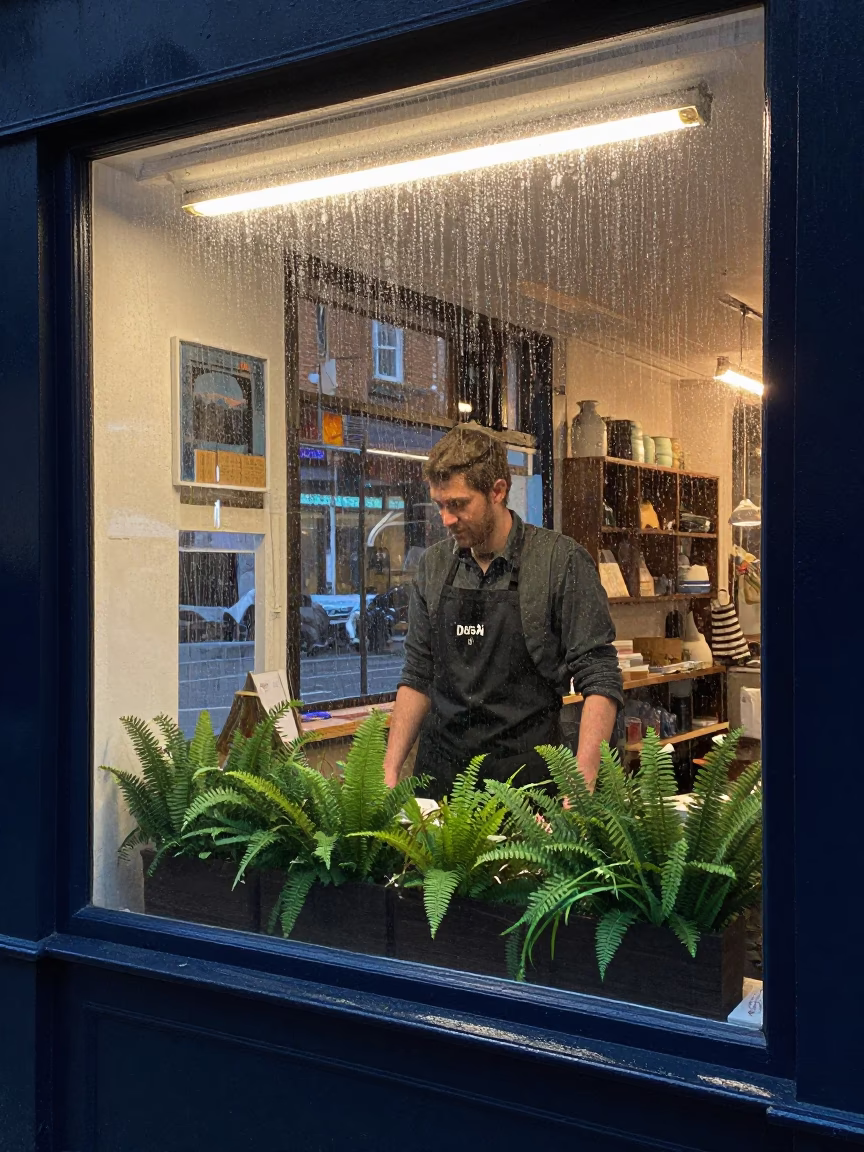 Shopkeeper in London Dusk Rain with Ferns and Apron in in London, United Kingdom