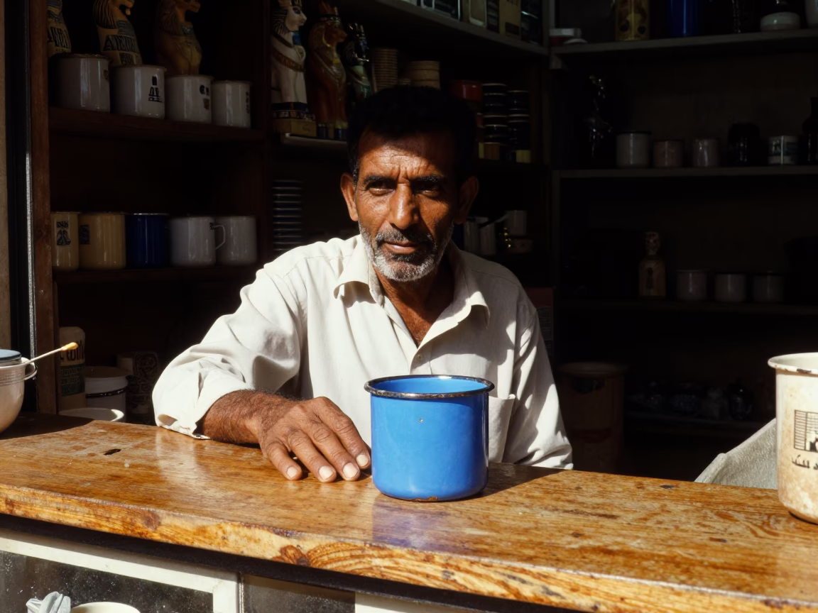 Shopkeeper in Luxor at Flat Noon Light in in Luxor, Egypt