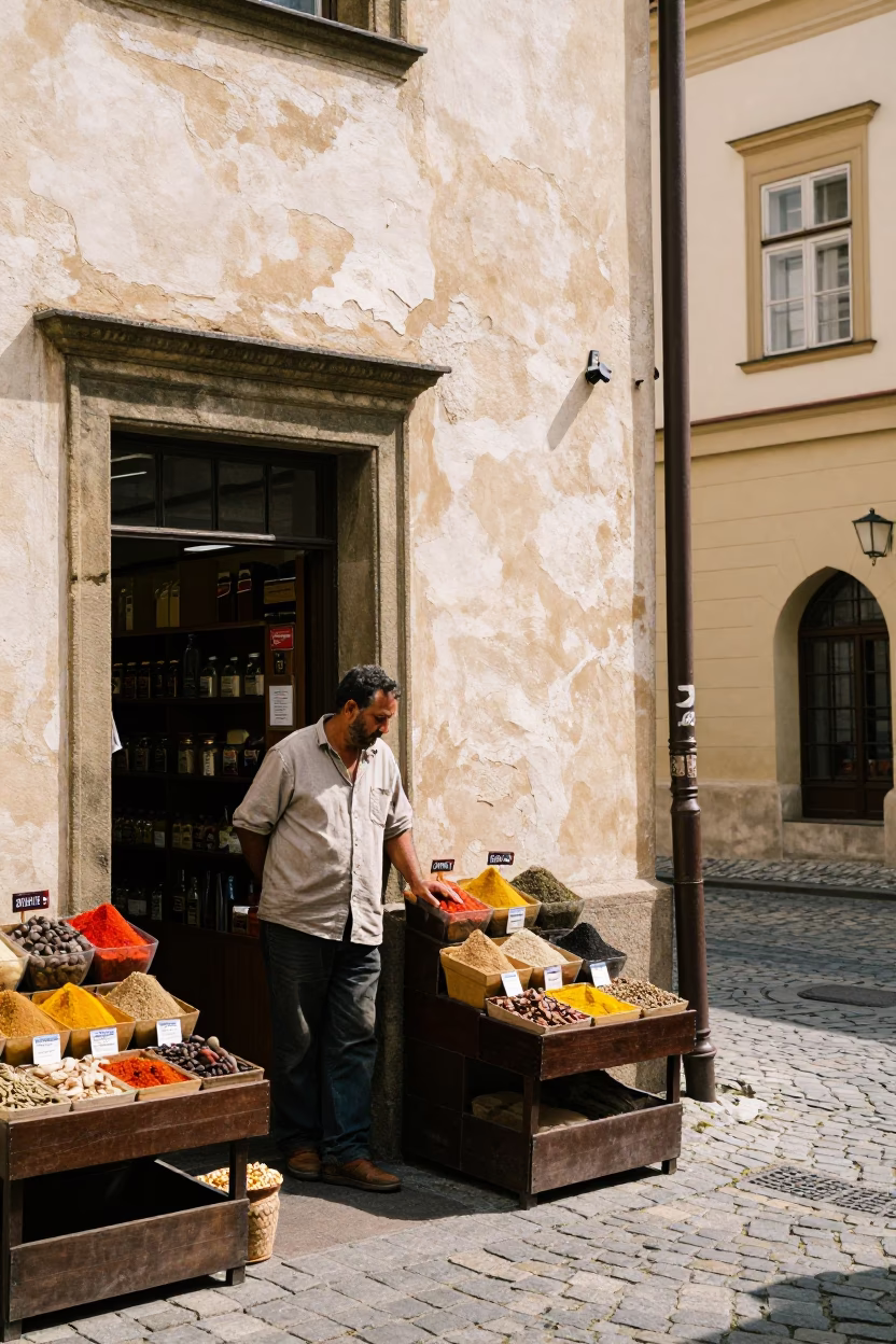 Shopkeeper in Prague at Flat Noon Light in in Prague, Czech Republic