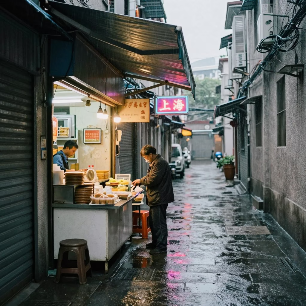 Shopkeeper in Shanghai at Dusk Light in in Shanghai, China