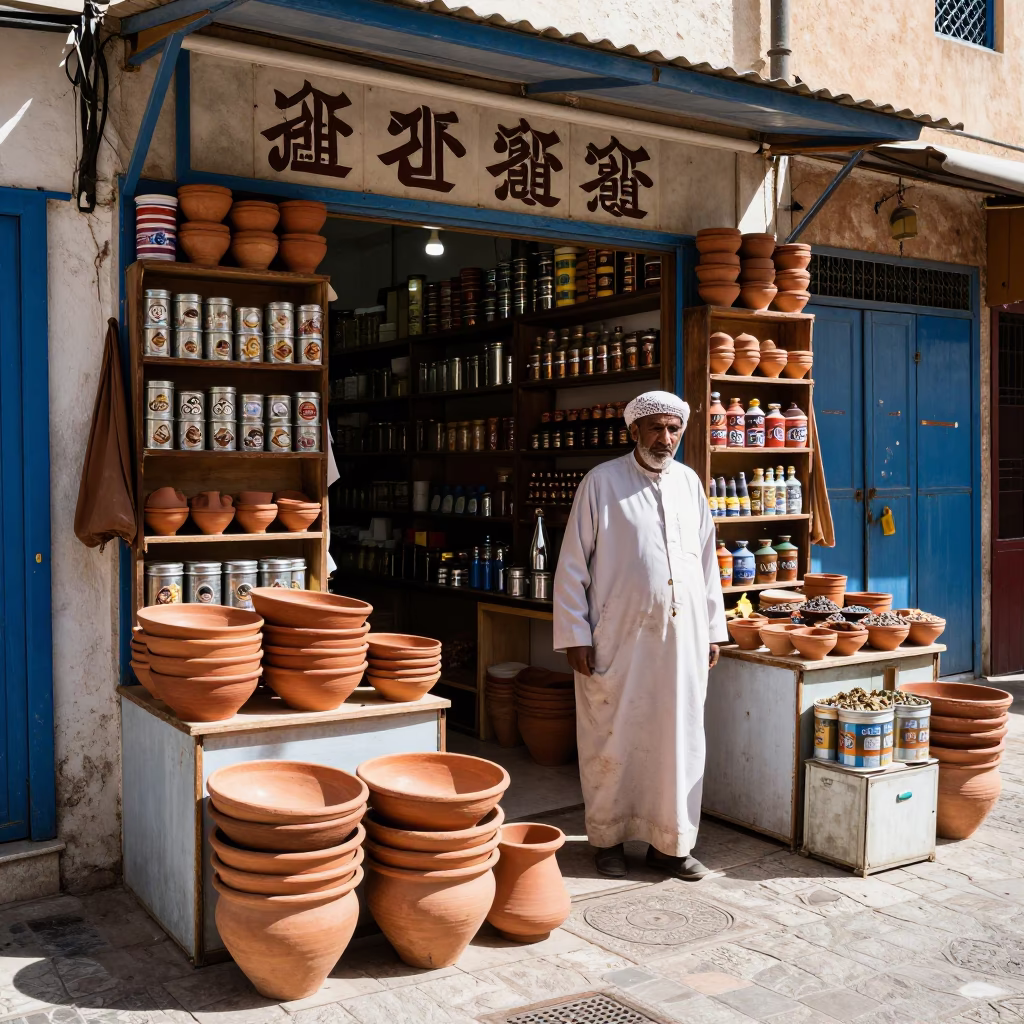 Shopkeeper in Tunis at Flat Noon Light in in Tunis, Tunisia