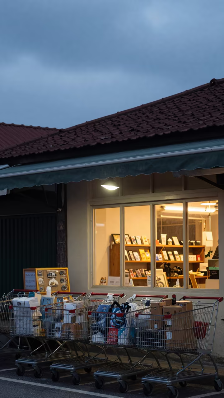 Shopping Cart Corral Under Shop Awning at Blue Hour in beneath a shop awning at dusk near Kota Kinabalu