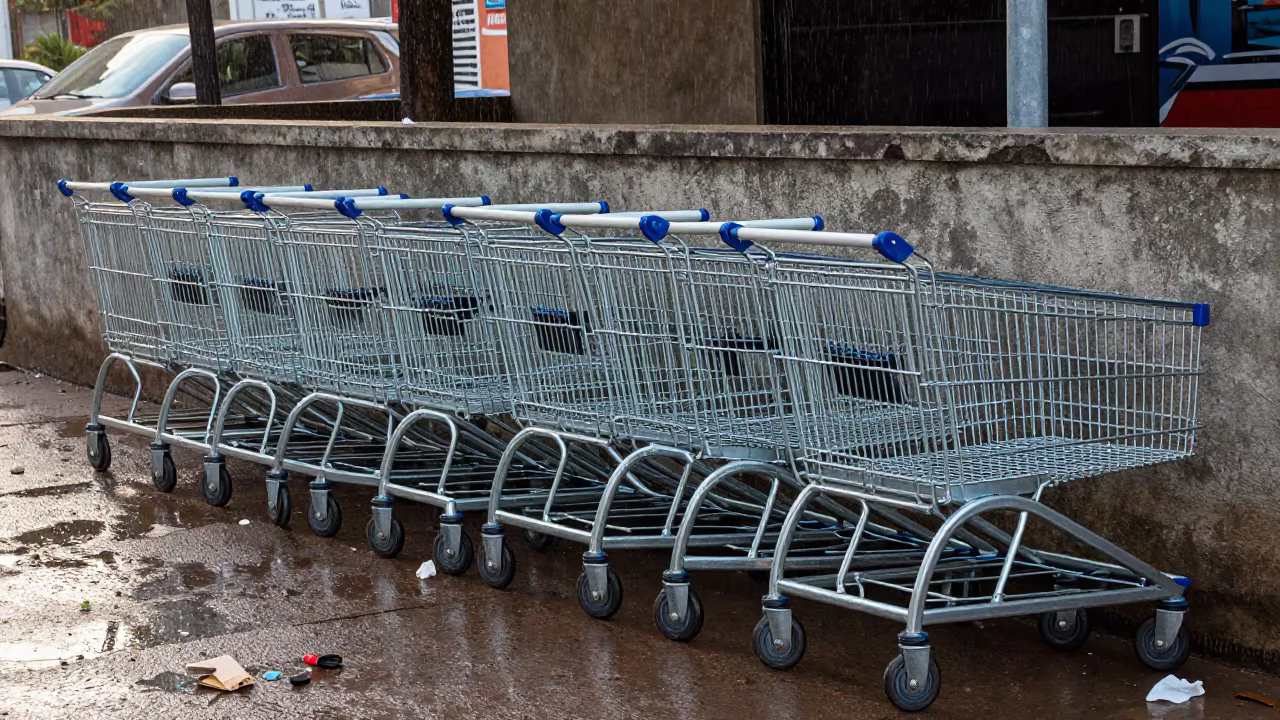 Shopping Cart Corral in Kampala Dawn Drizzle in near a loading zone behind a retail strip in Kampala