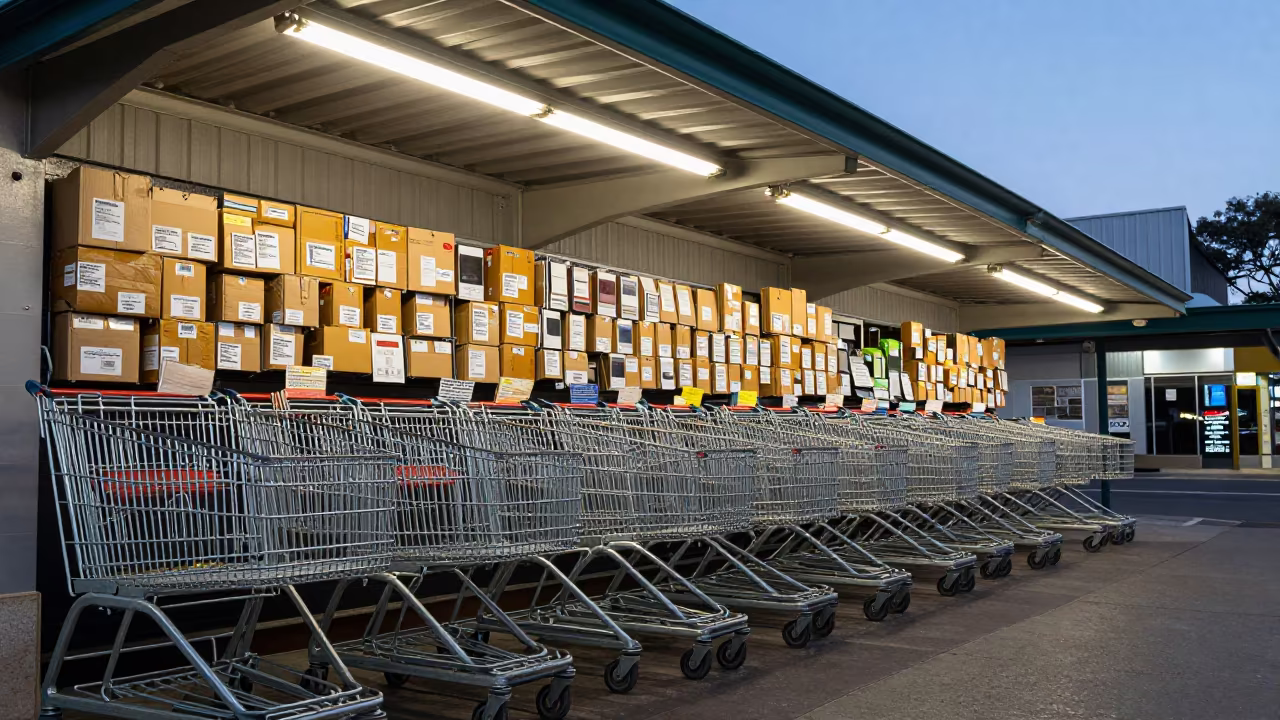 Shopping Cart Corral Under Shop Awning Dusk Brisbane in beneath a shop awning at dusk in Brisbane