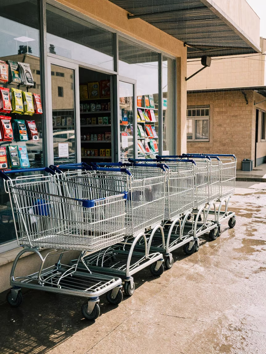 Shopping Cart Corral Near Supermarket After Rain in beside a supermarket cart corral near Raqqa