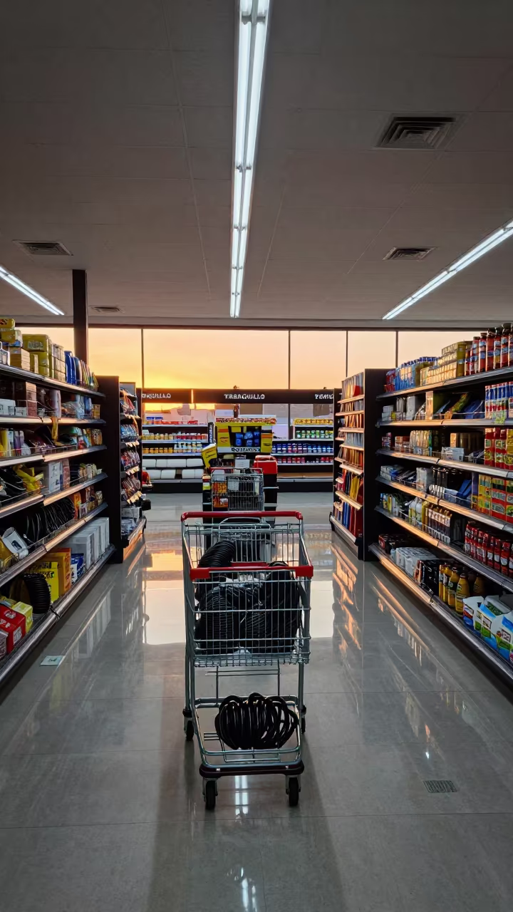 Shopping Cart Strap Bin in Amber Light in inside a storefront prepared for opening in Tinaquillo