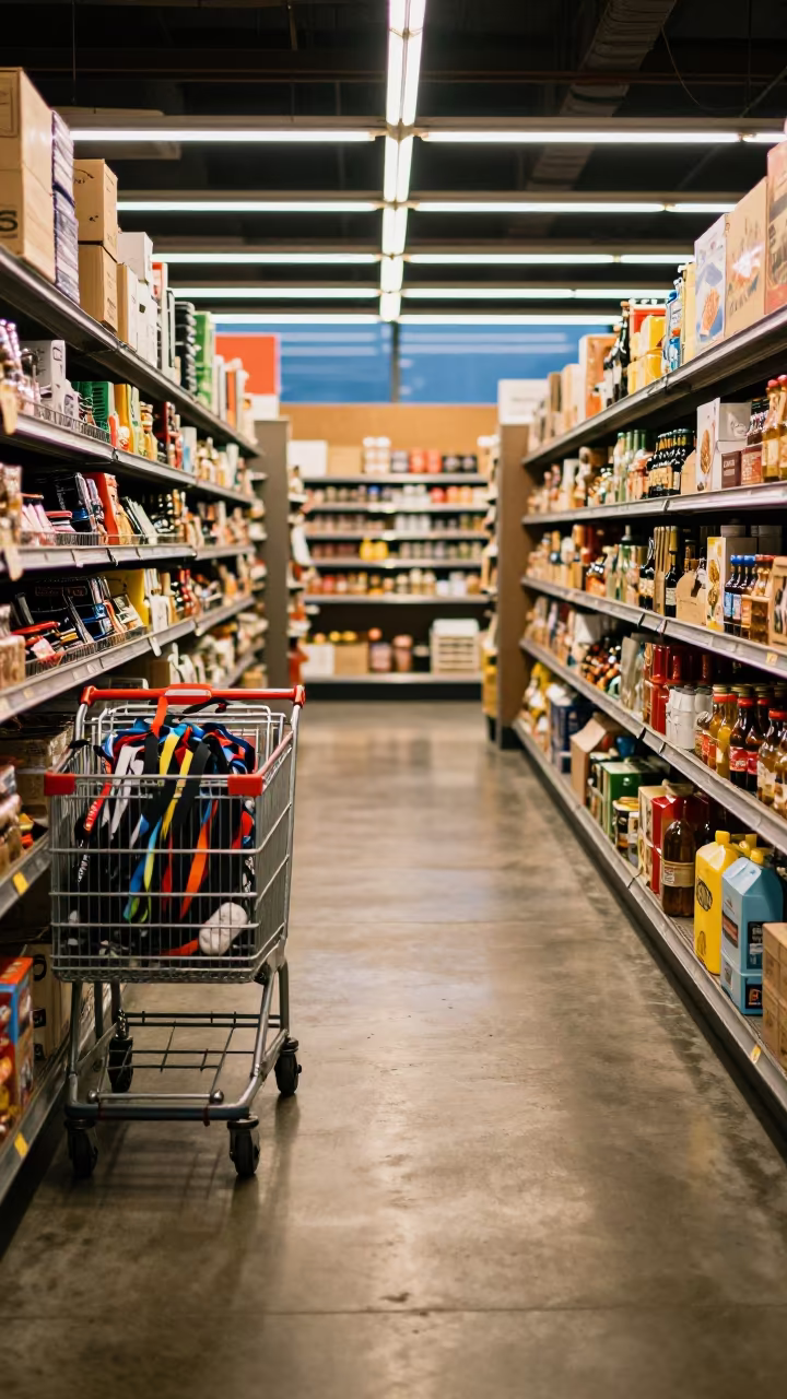Shopping Cart Strap Bin Neon Light Santa Cruz Aisle in inside a bright retail aisle in Santa Cruz de la Sierra