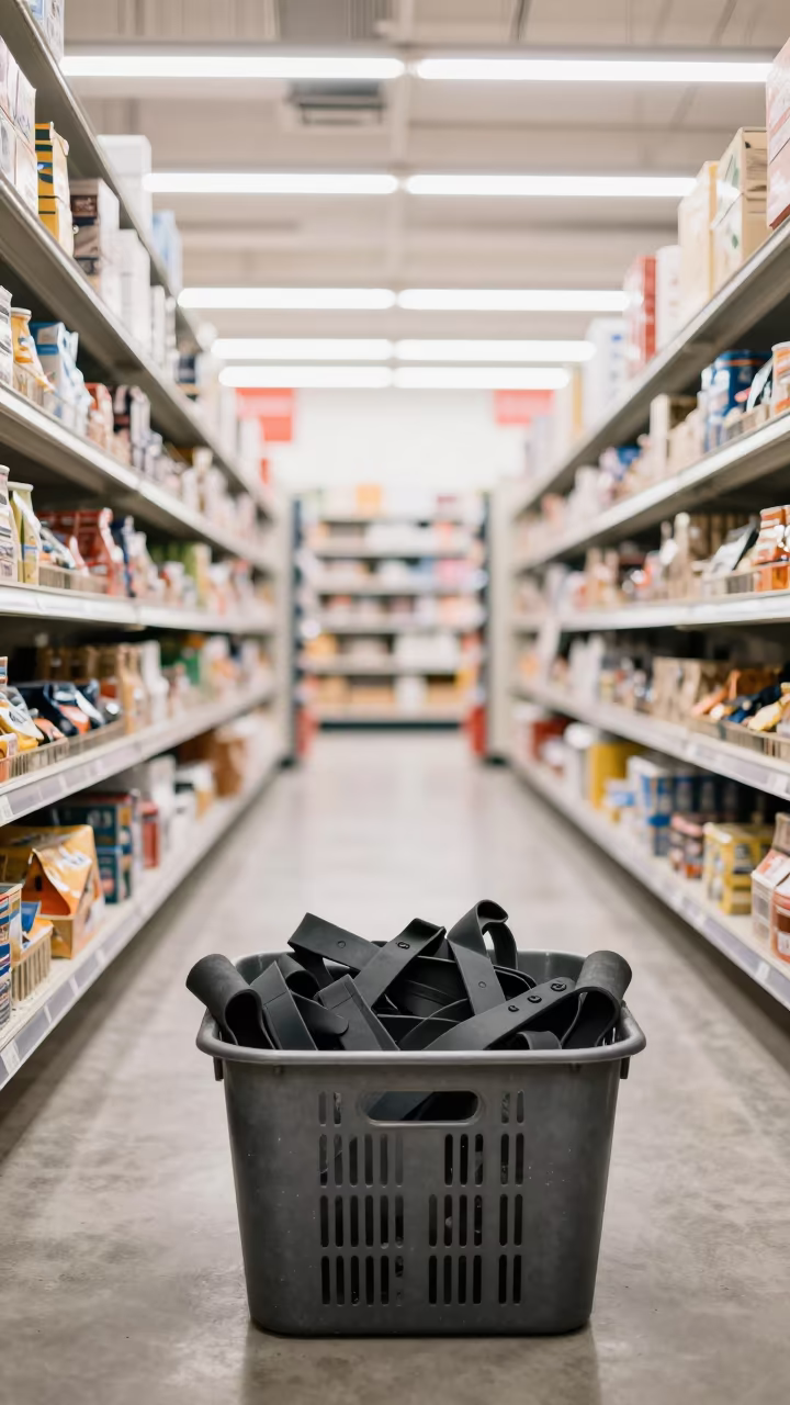 Shopping Cart Strap Bin in Trento Retail Aisle in inside a bright retail aisle in Trento
