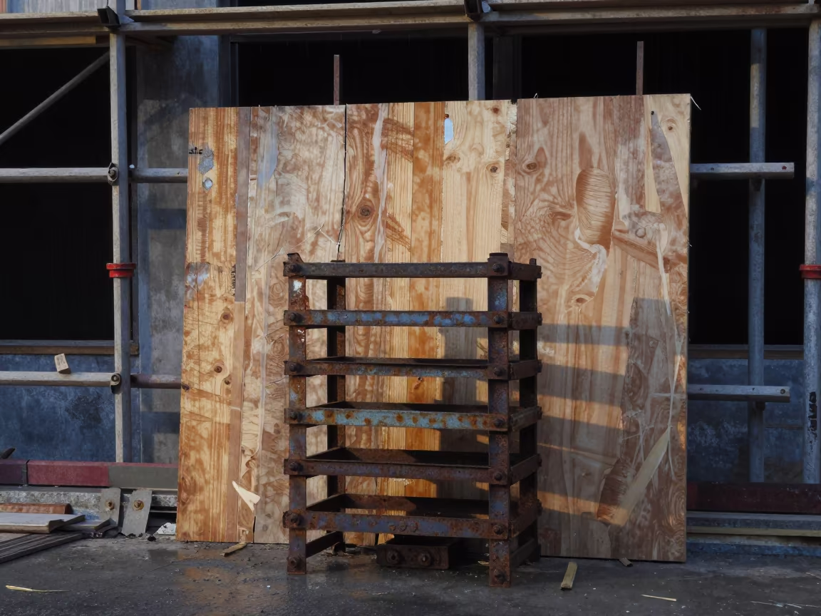 Shoring Jack Stack and Damp Plywood at Dawn in along a scaffolded facade near Amritsar