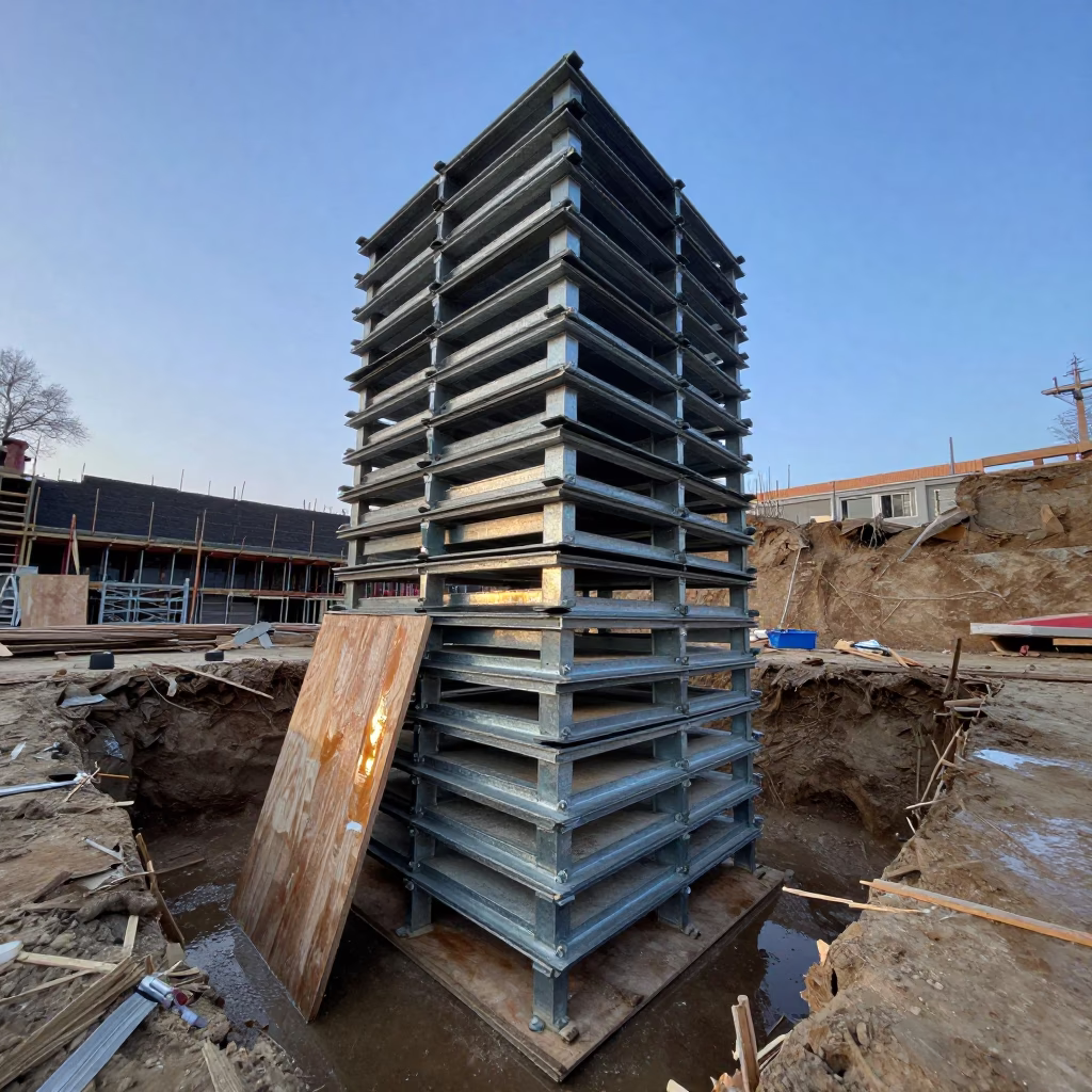 Shoring Jack Stack in Khujand Twilight in inside a taped-off excavation edge in Khujand