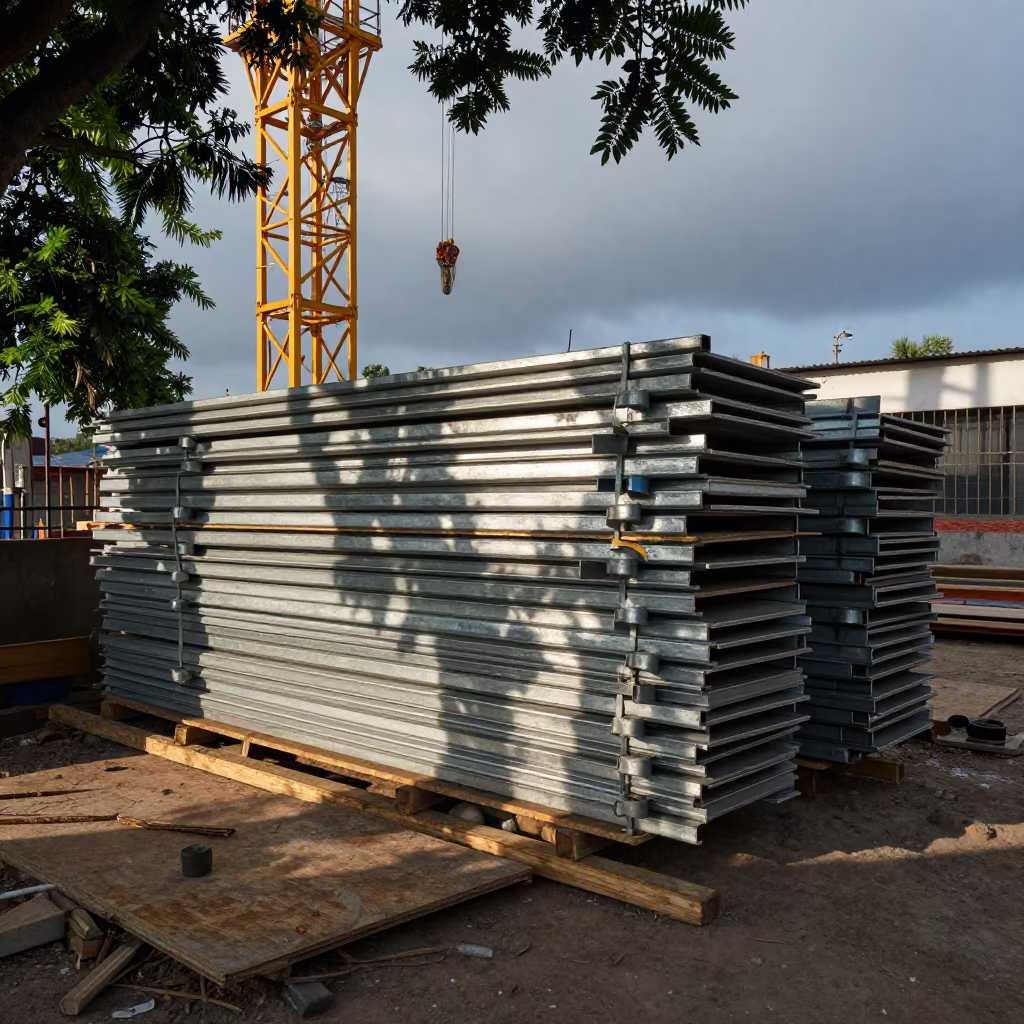 Shoring Jack Stack Under Crane in Lima in beneath a tower crane on open ground in Surquillo Market, Lima