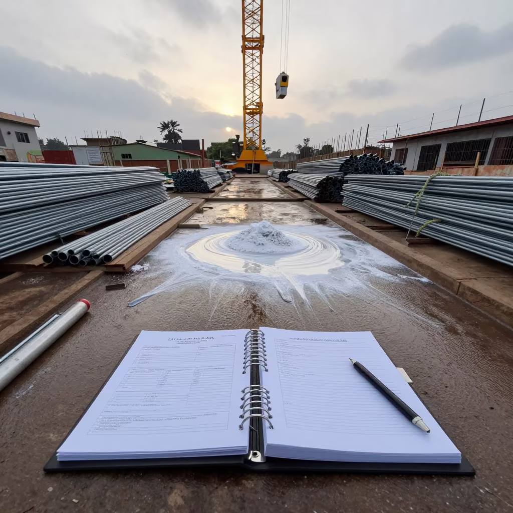 Shoring Tab Binder Under Crane at Dawn in beneath a tower crane on open ground in Ibadan