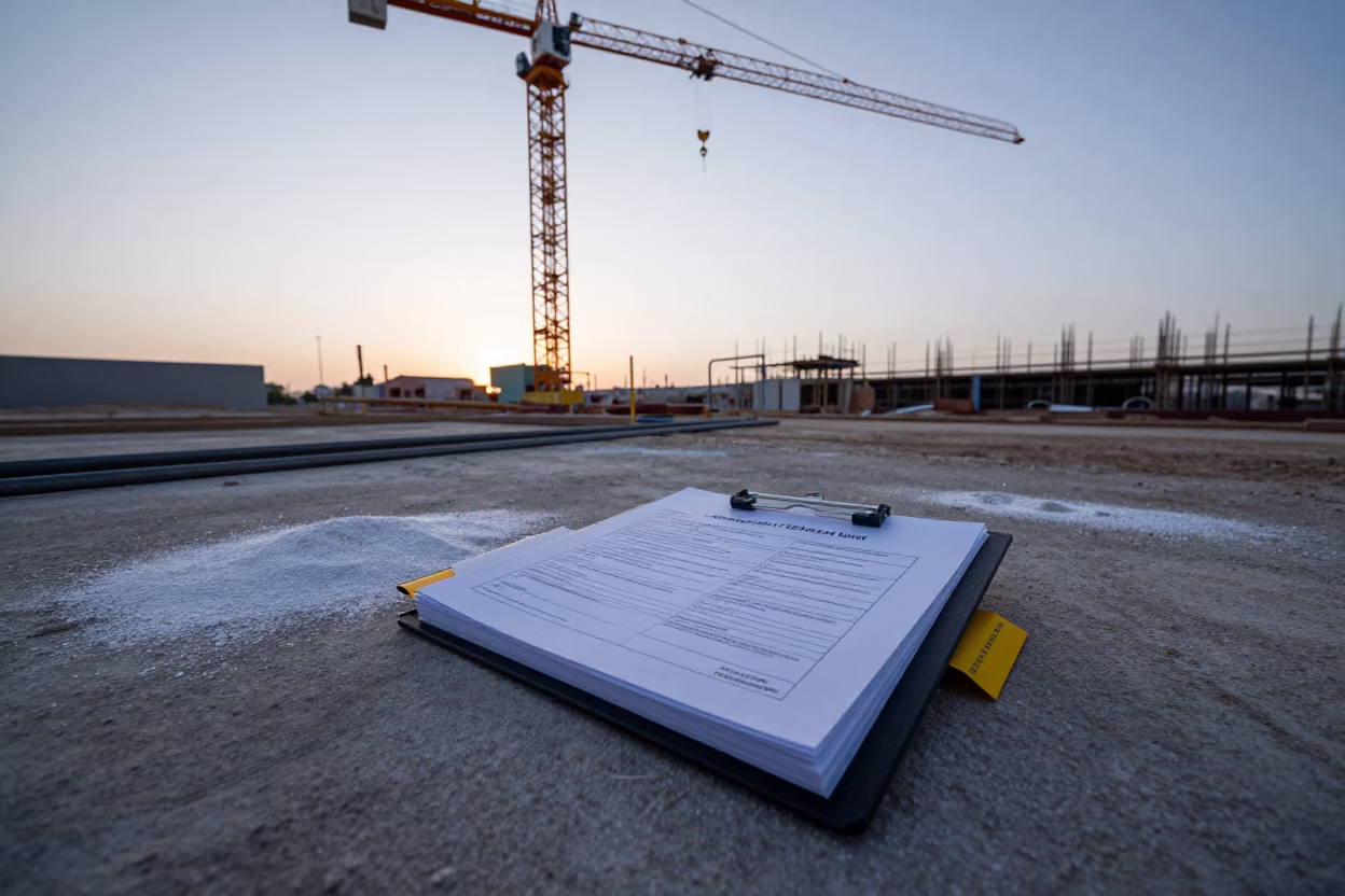 Shoring Tab Binder Under Tower Crane at Dawn in beneath a tower crane on open ground in Bahia