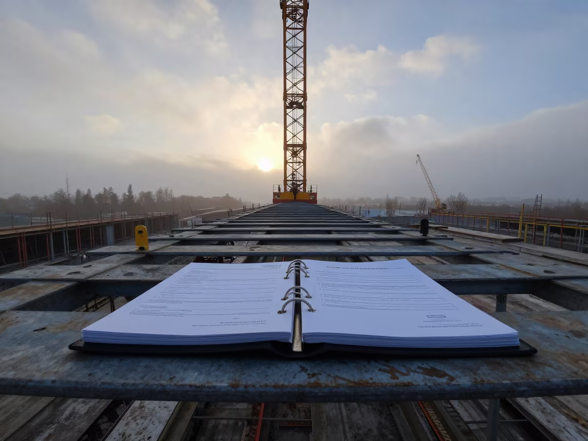 Shoring Tab Inspection Binder at Tajik Dawn in beneath a tower crane on open ground in Tajikistan