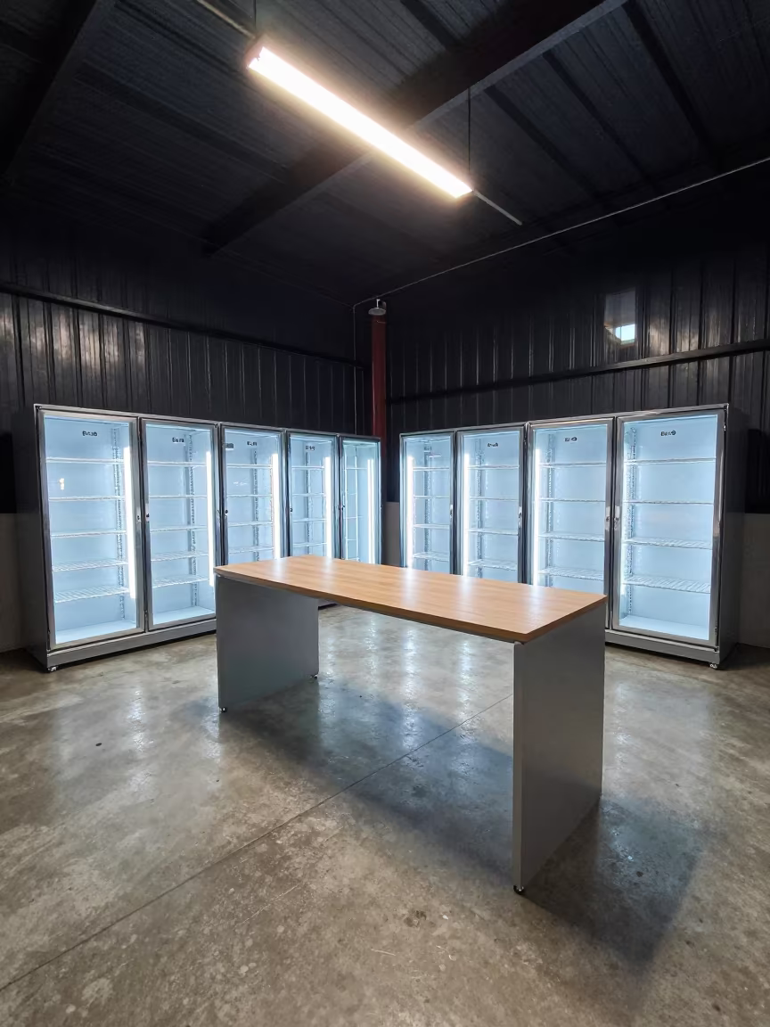 Short Desk With Fluorescent Reflections in inside a chilled distribution bay in Batala