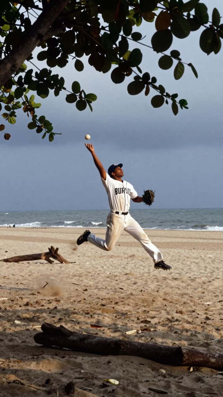 Shortstop Leaping Throw on Beach Near Old Dhaka in along a beach near Old Dhaka, Dhaka