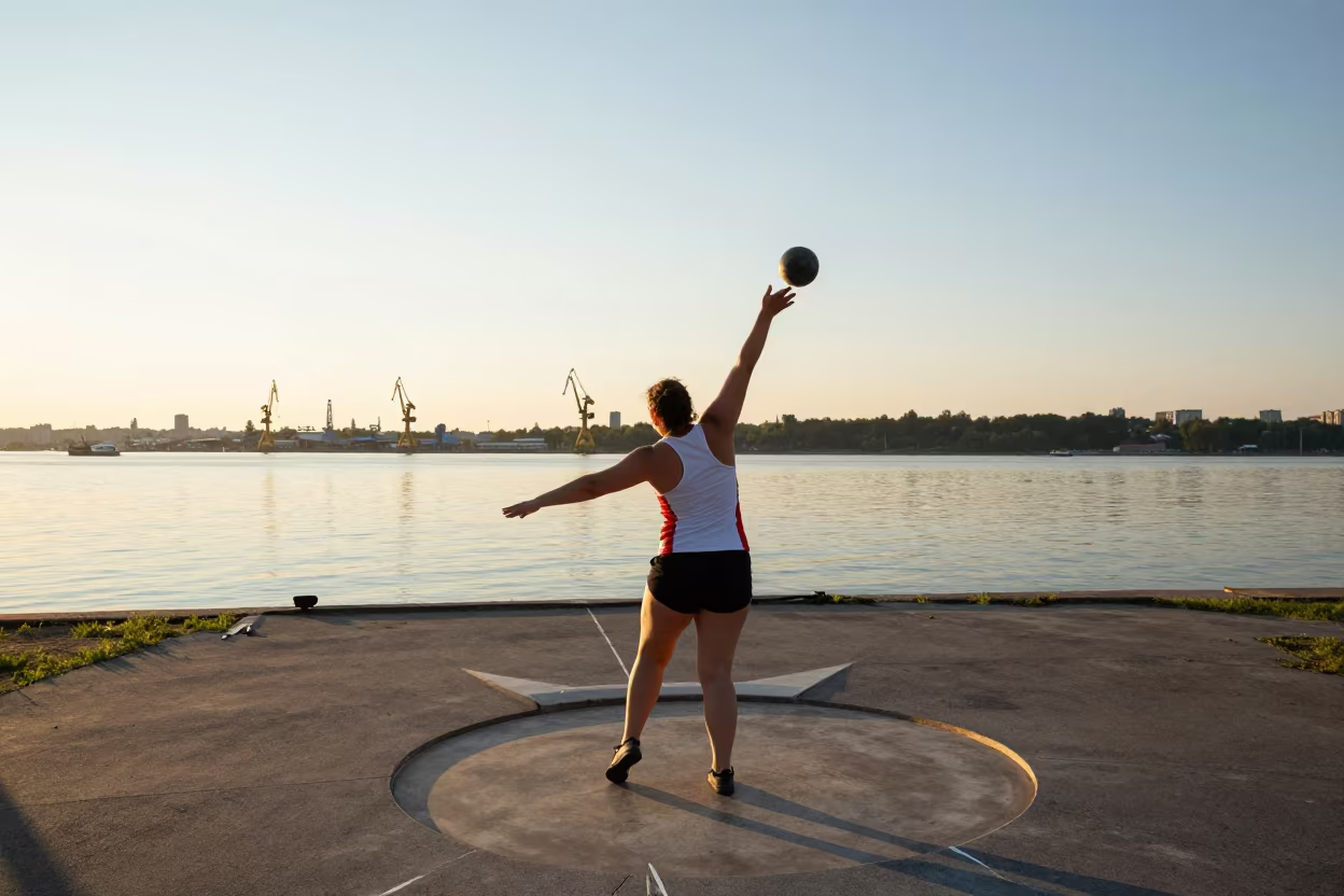 Shot Putter Release at Kyiv Harbor Sunset in at a harbor edge in Kyiv