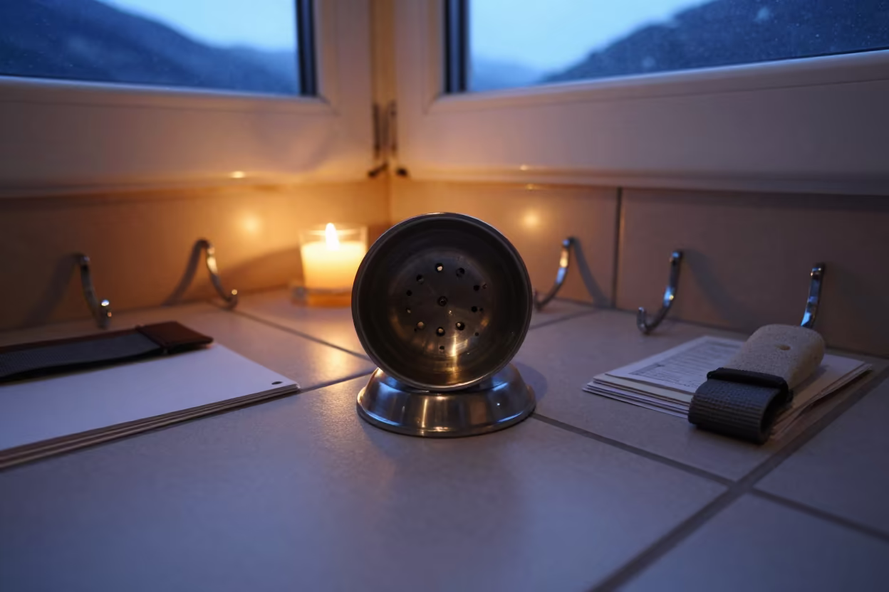 Shower Filter Cup in Andorra Winter Lounge in inside a recovery lounge beside foam rollers in Andorra la Vella