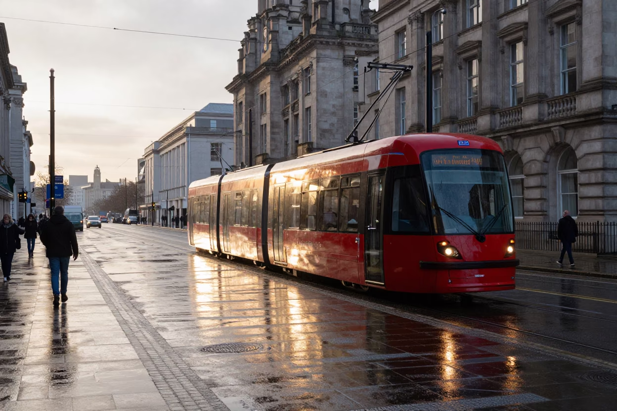 Showing Tramcar in Liverpool at As First Light Reaches The Scene in in Liverpool, United Kingdom