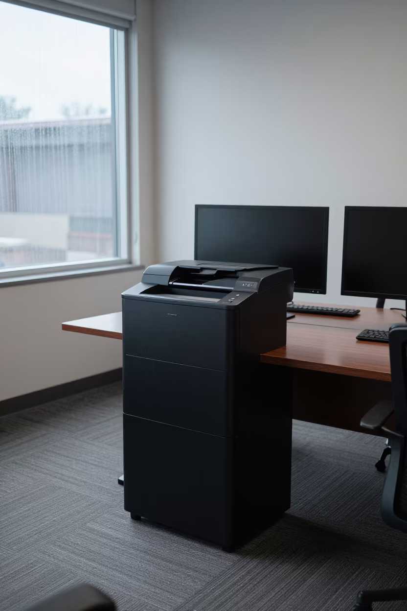 Shred Console in Lome Boardroom Morning Light in at a boardroom table before a meeting in Lome