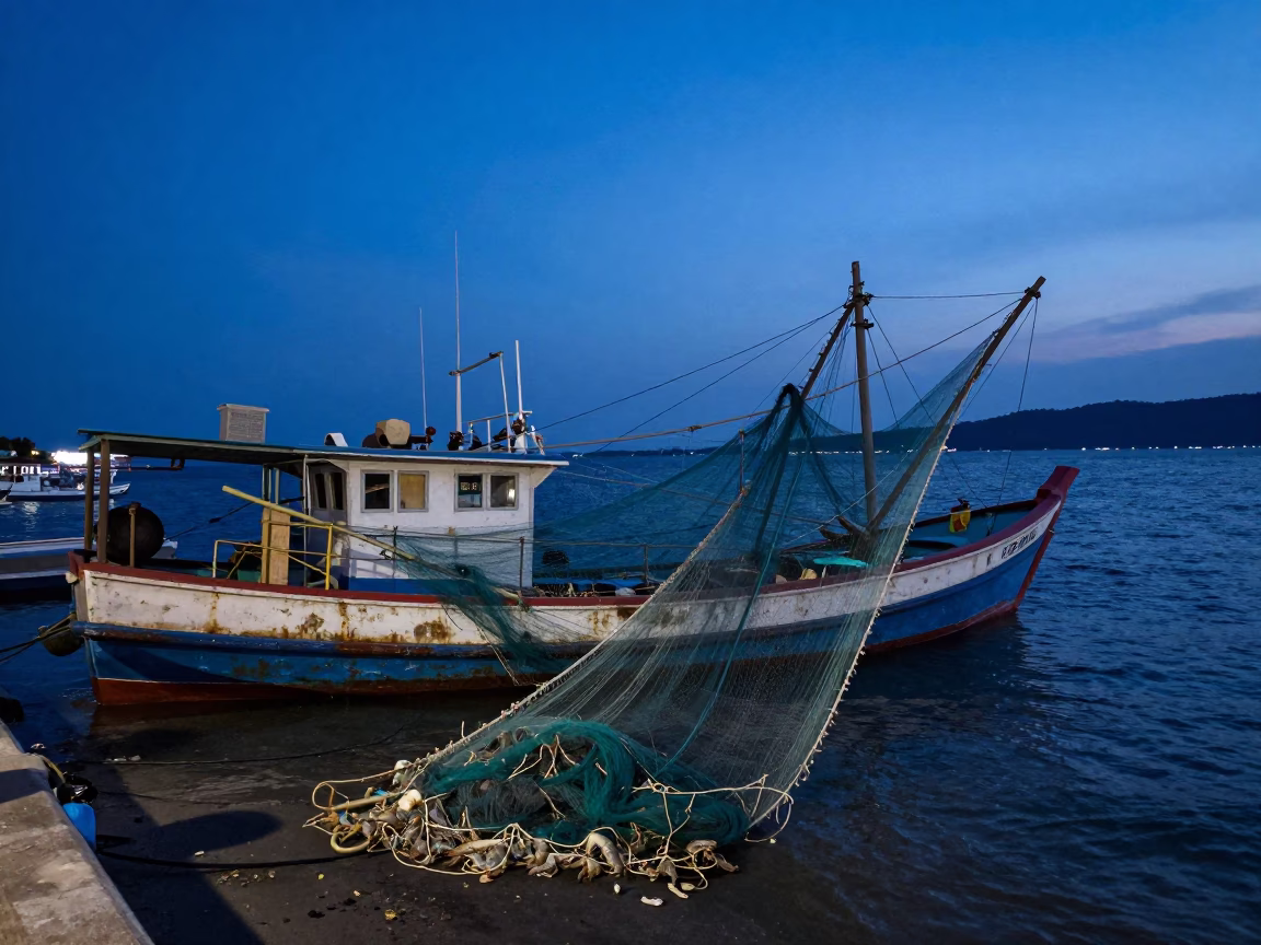 Shrimp Trawler Nets and Indigo Twilight in Phuket Thailand Harbor in in Phuket, Thailand