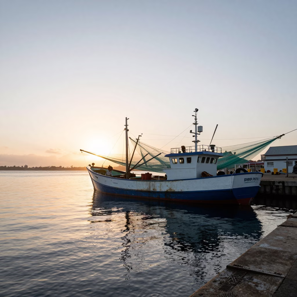 Shrimp Trawler Nets at Sunrise in Durban Harbor South Africa in in Durban, South Africa
