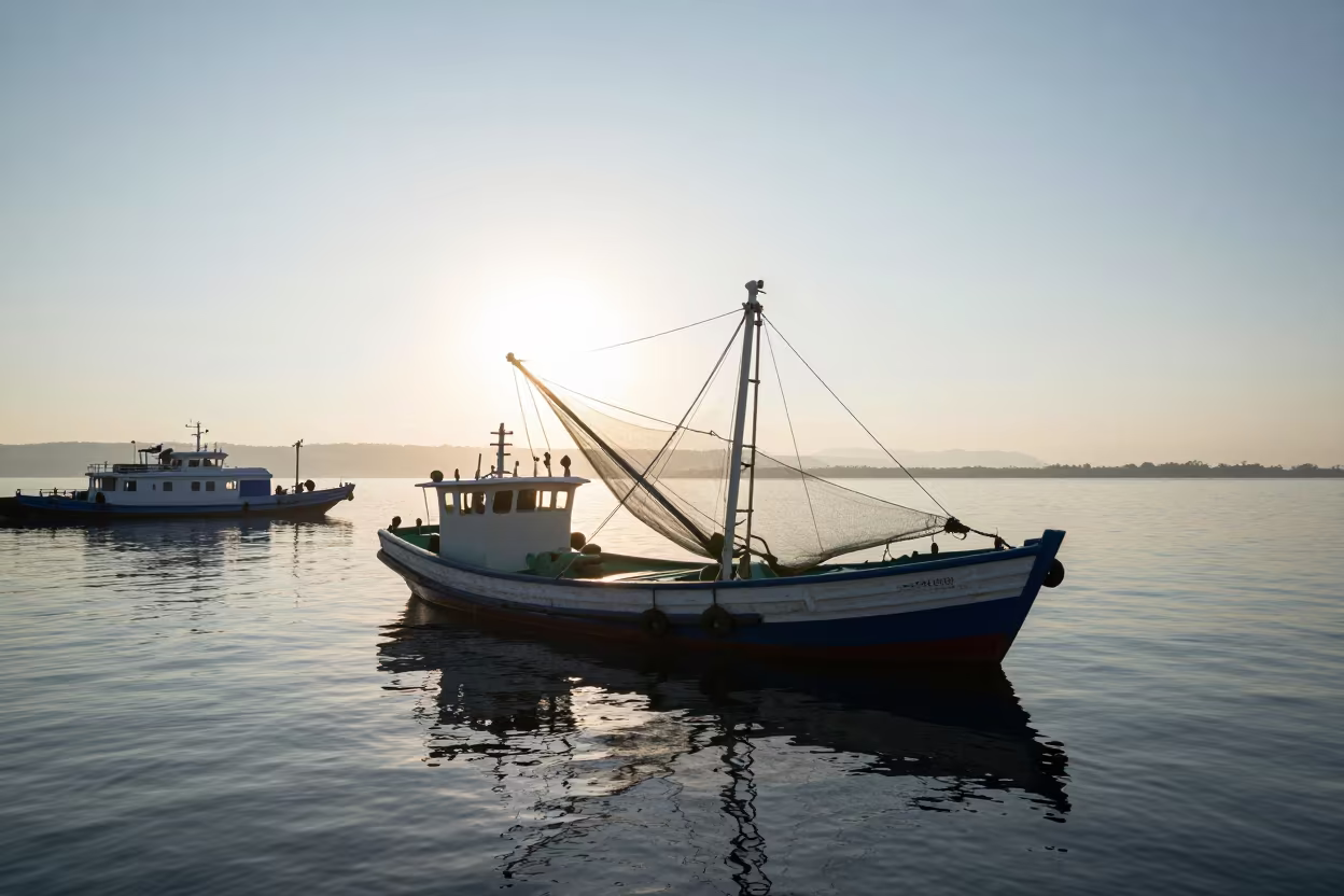 Shrimp Trawler Nets at Dawn Near Khujand Ferry in across a remote ferry crossing near Khujand