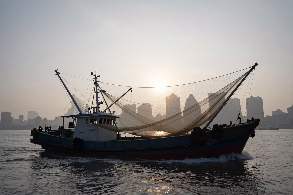 Shrimp Trawler Nets at Shanghai Dawn in near Old City, Shanghai