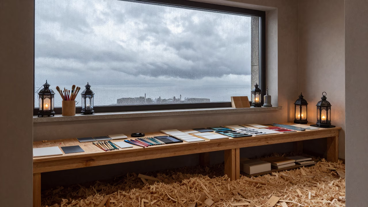 Shrine Archive Bench at Dawn in in a shrine lined with lanterns near Samsun