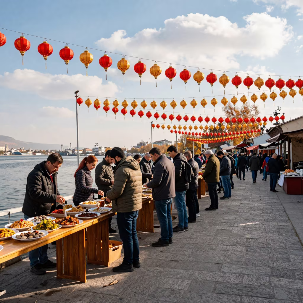 Shrine Festival Food Queue Diyarbakir Lanterns in at a waterfront celebration in Diyarbakır