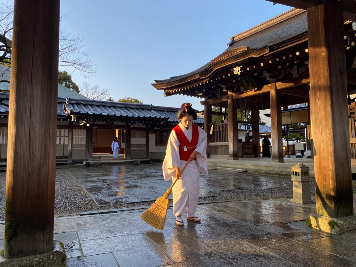 Shrine Maiden Sweeping Courtyard at Golden Hour in at a shrine entrance near Tokyo