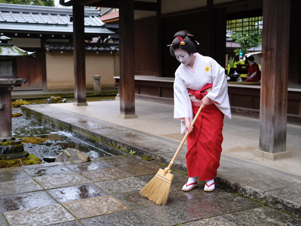 Shrine Maiden Sweeping Courtyard in Kamakura in in a cloister garden in Kamakura