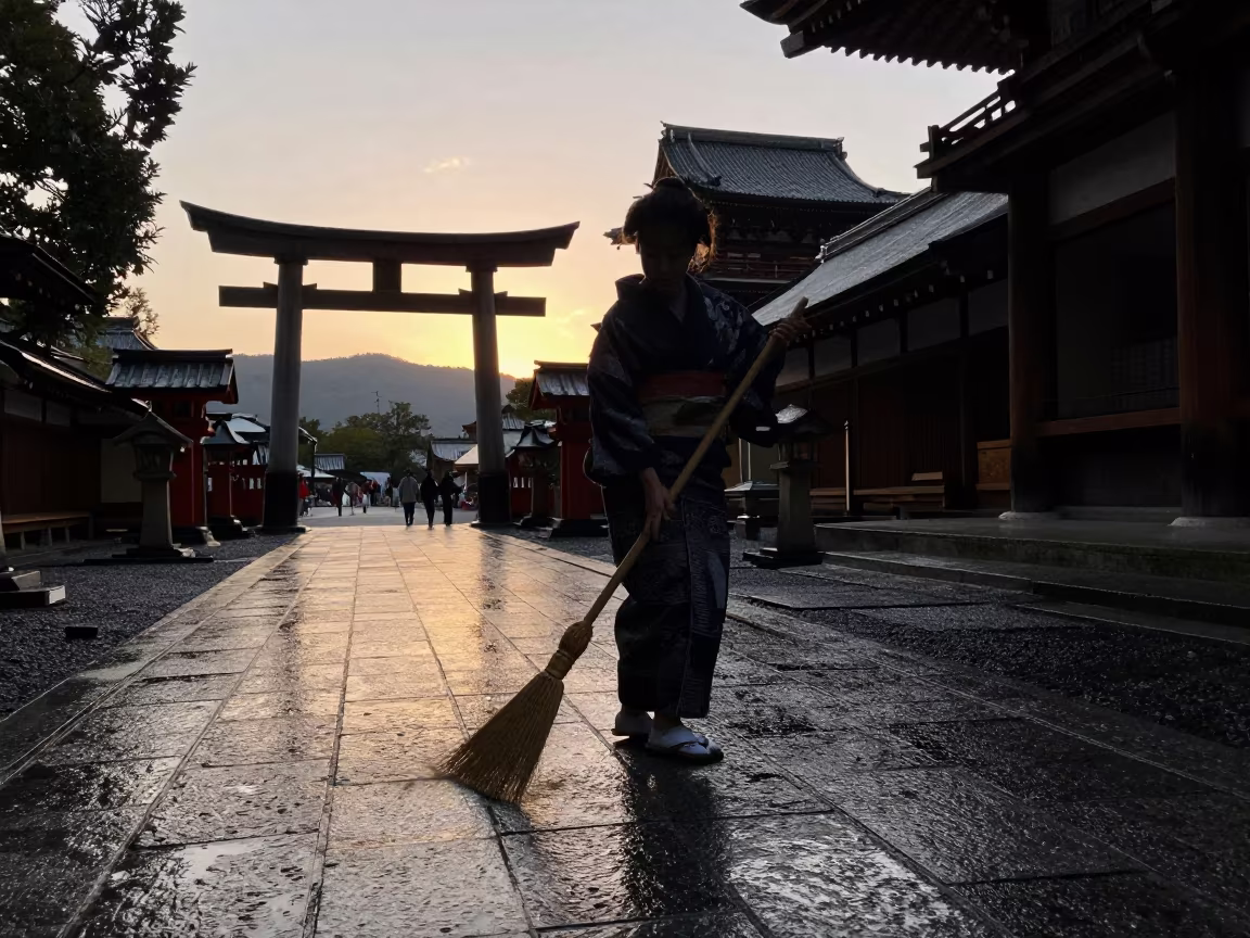 Shrine Maiden Sweeping Courtyard at Twilight Silhouette in in a temple courtyard in Japan