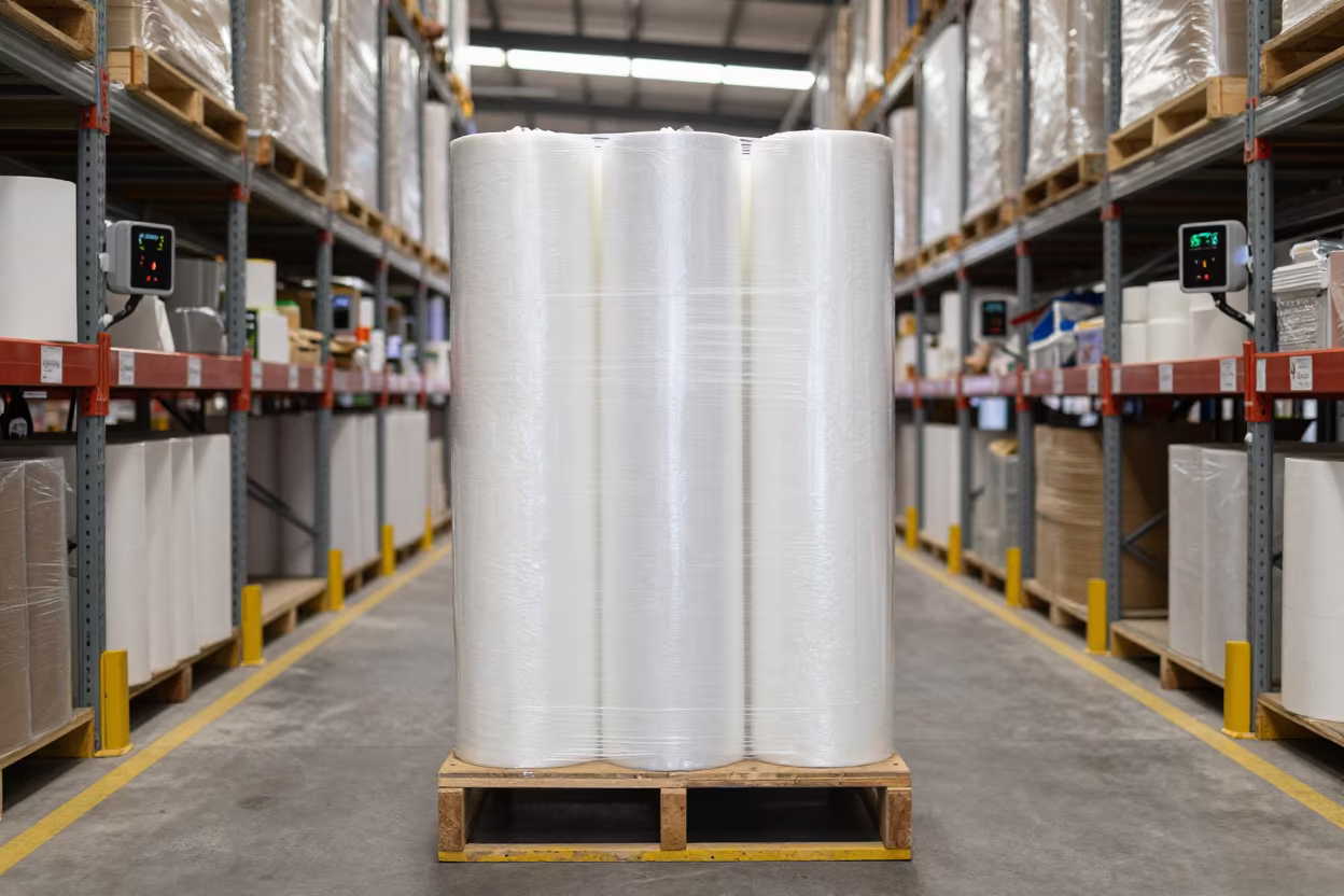 Shrink Wrap Roll Stand in Quito Warehouse in inside a warehouse aisle in La Ronda, Quito