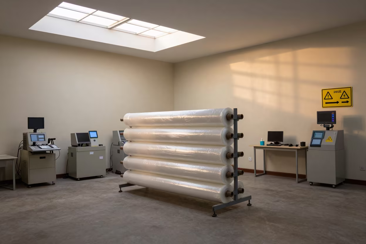 Shrink Wrap Roll Stand in Sohag Warehouse in inside a dispatch office above the dock near Sohag