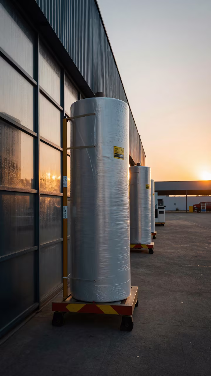 Shrink Wrap Stand in Bangui Warehouse Sunset in inside a warehouse aisle near Bangui