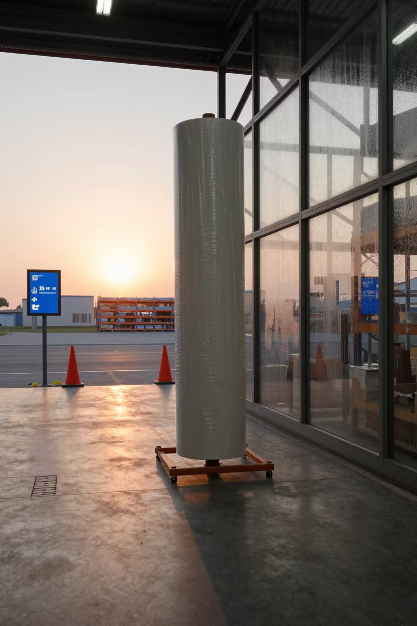 Shrink Wrap Stand in Dubai Warehouse Sunset in inside a warehouse aisle in Marina, Dubai