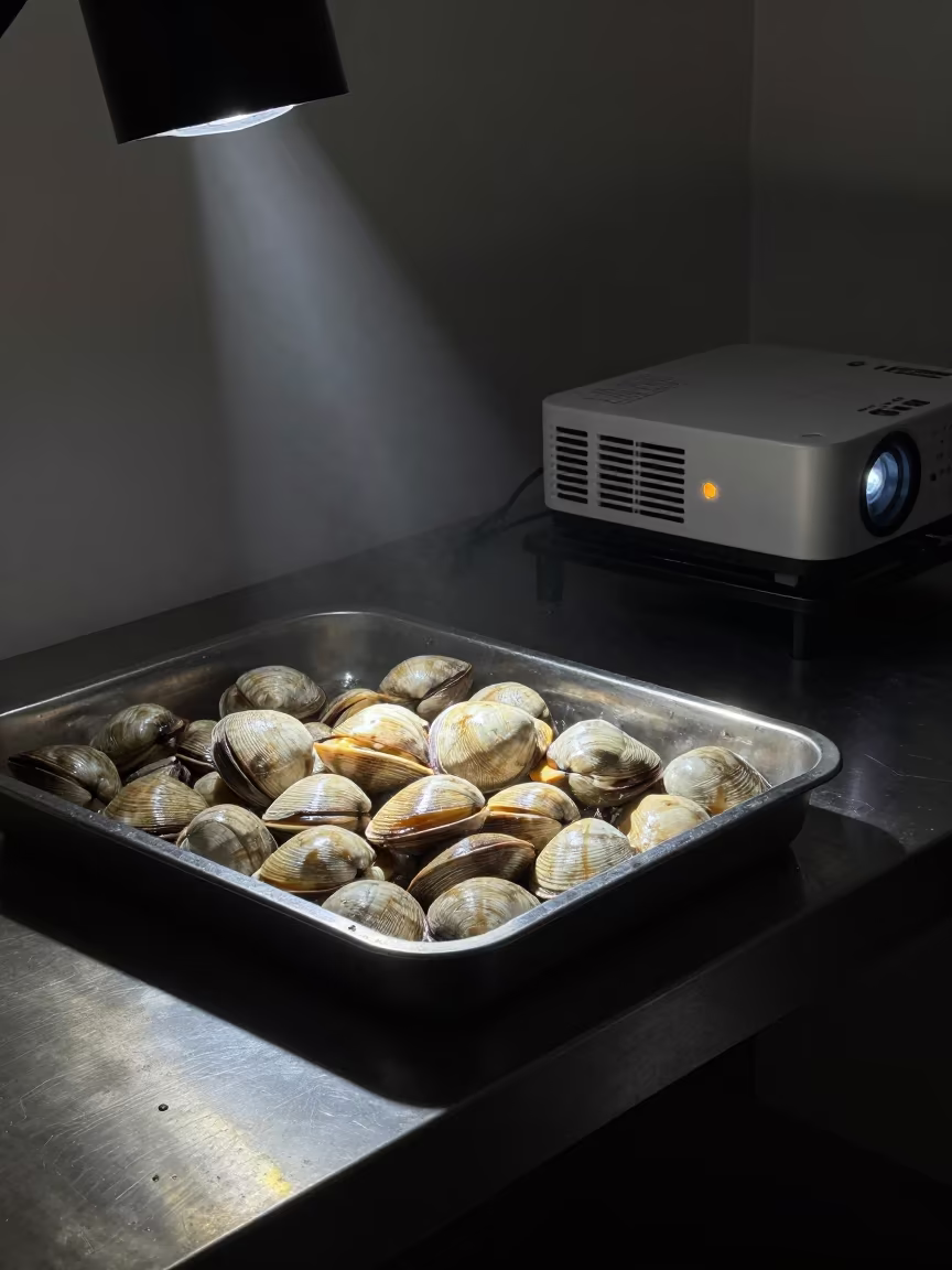Shucked Clams on Shelf in Projector Light Batman in on a workshop shelf in Batman