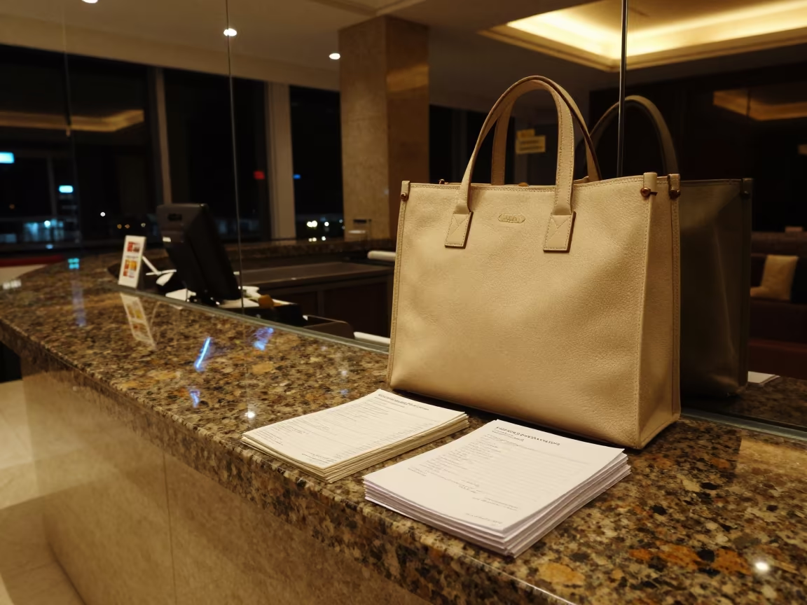 Shuttle Tote on Jakarta Desk Night Light in at a reception desk under warm light in Jakarta