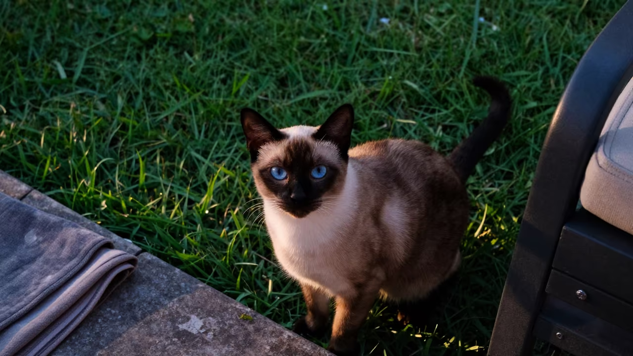 Siamese Cat in Samui Garden Shadow in in a small yard with clipped grass, calm light, and the animal centered in frame near Koh Samui