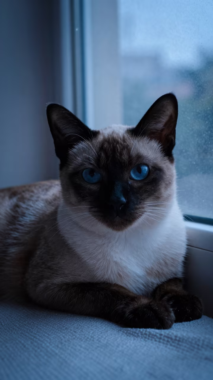 Siamese Cat Lounging on Bedspread Near Window in on a bedspread near a bright window with calm indoor light in Rajshahi